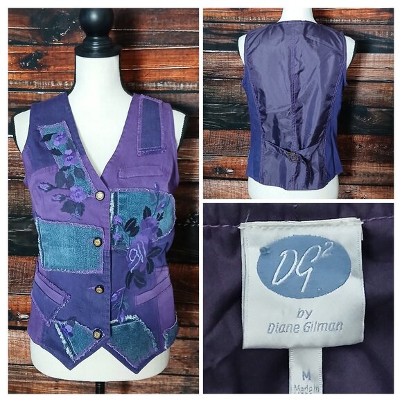 DG2 by Diane Gilman Jackets & Blazers - DG2 Diane Gilman Denim Vest M Purple Patchwork Embroidered
